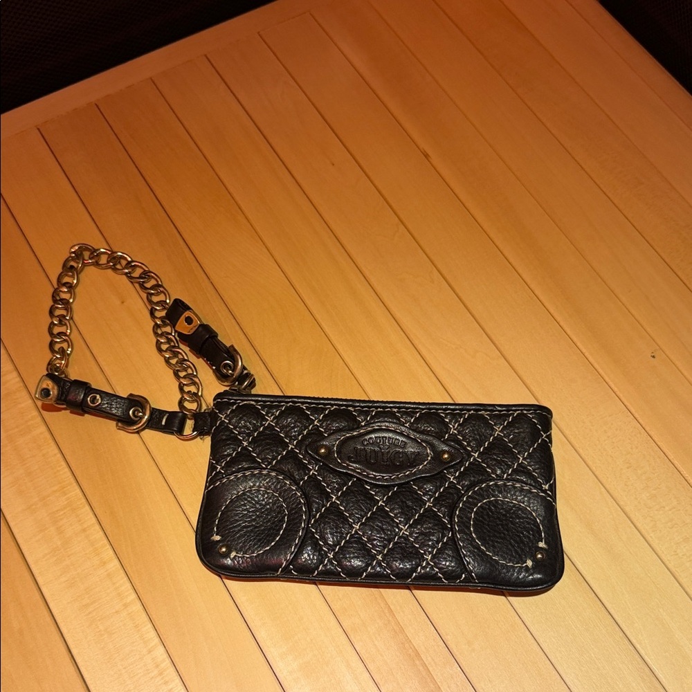 Vintage Juicy Couture Black Quilted Leather Wristlet with Gold Chain